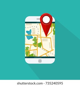 Mobile GPS navigation service.  Map on application. Mobile phone with navigation application. Vector illustration.