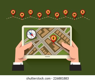 Mobile gps navigation and set of icons. Modern vector illustration, flat design concept