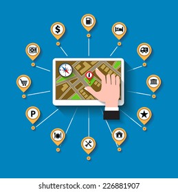 Mobile gps navigation and set of icons. Modern vector illustration, flat design concept
