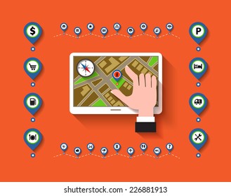 Mobile gps navigation and set of icons. Modern vector illustration, flat design concept