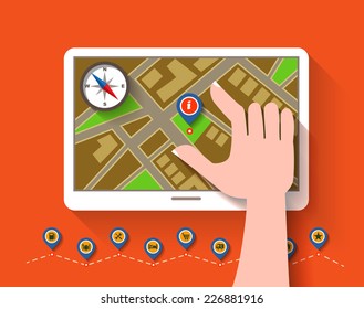 Mobile gps navigation and set of icons. Modern vector illustration, flat design concept
