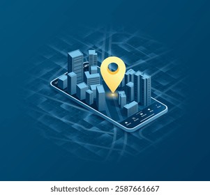 Mobile GPS navigation, smart car location and map pointer. Isometric city map featuring directional signs, an intended goal point on mobile. Vector illustration