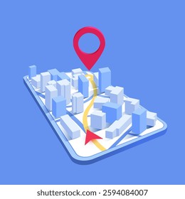 Mobile GPS navigation, smart car location and map pointer. Isometric city map featuring directional signs, an intended goal point on mobile. Vector illustration