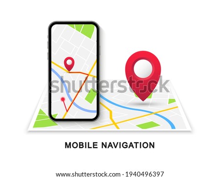 Mobile GPS navigation. Smartphone with city map and marker. Location map with city street roads on the smartphone screen. Map navigation app. Vector illustration.