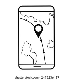 Navegación GPS móvil. Smartphone con un mapa en la pantalla del teléfono y el marcador. App de navegación de mapas. Ilustración de esquema, elemento de diseño