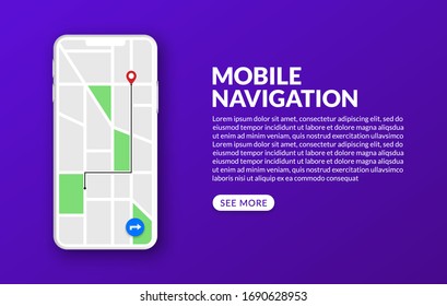 Mobile gps navigation and tracking with city map and marker, global positioning system concept