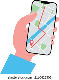 Mobile GPS navigation, tracking concept on smartphone app. Man hand holding smartphone with city map path and location mark on the screen. Find the way with phone. GPS tracking map. Locate position