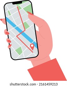 Navegación GPS móvil, concepto de seguimiento en aplicación para smartphone. Mano de mujer sosteniendo un smartphone con trazado de mapa de la ciudad y marca de ubicación en la pantalla. Encuentra el camino con el teléfono. Mapa de seguimiento GPS. Localizar posición