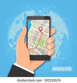 Mobile gps navigation and tracking  concept. Hand holding smartphone with city map path and location mark on the screen. Vector illustration.