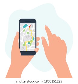 Mobile GPS-Navigations- und Tracking-Konzept.Location Tracker App auf Touch-Screen-Smartphone.Vektorgrafik einer Hand, die über ein Smartphone mit einer KartenApp verfügt, die funktioniert