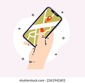 Mobile gps navigation and tracking concept.Location Tracker App on Touch Screen Smartphone.Vector flat illustration of a human hand holding a smartphone with a map app working