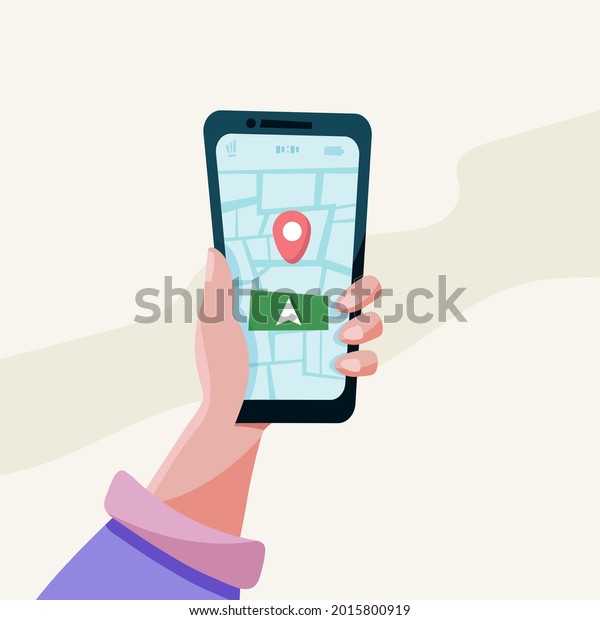 Mobile gps navigation\
and tracking concept.Location Tracker App on Touch Screen\
Smartphone.Vector flat illustration of a human hand holding a\
smartphone with a map app\
working