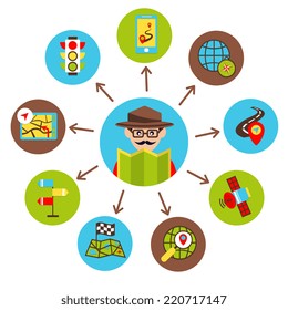 Mobile gps navigation and travel flat icons set with traveler avatar vector illustration