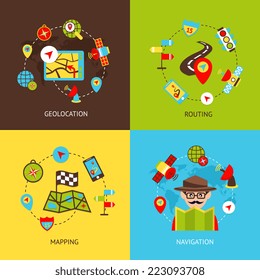 Mobile gps navigation and travel flat icons set with geolocation routing mapping isolated vector illustration