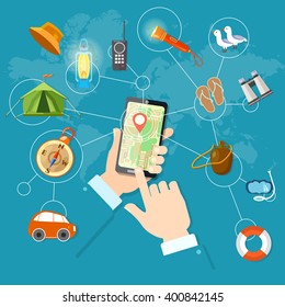 Mobile gps navigation and travel phone in hand geolocation routing mapping vector illustration 