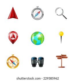 Mobile gps navigation and travel realistic icons set with geolocation routing mapping symbols isolated vector illustration