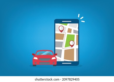 Mobile GPS navigation, travel and tourism concept. Vector map on mobile phone and car GPS coordinates. City road and streets searches on the smartphone navigation.