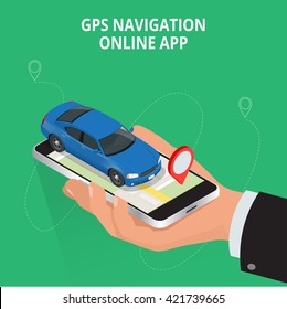 Mobile GPS navigation, travel and tourism concept. View a map on the mobile phone on car and search GPS coordinates. Flat 3d vector isometric illustration