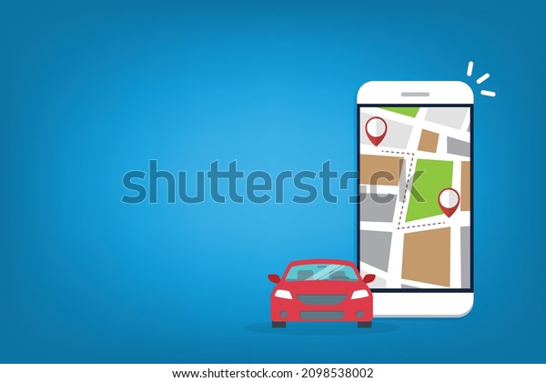 Mobile GPS navigation, travel\
and tourism concept. Vector map on mobile phone and car GPS\
coordinates. City road and streets searches on the smartphone\
navigation.