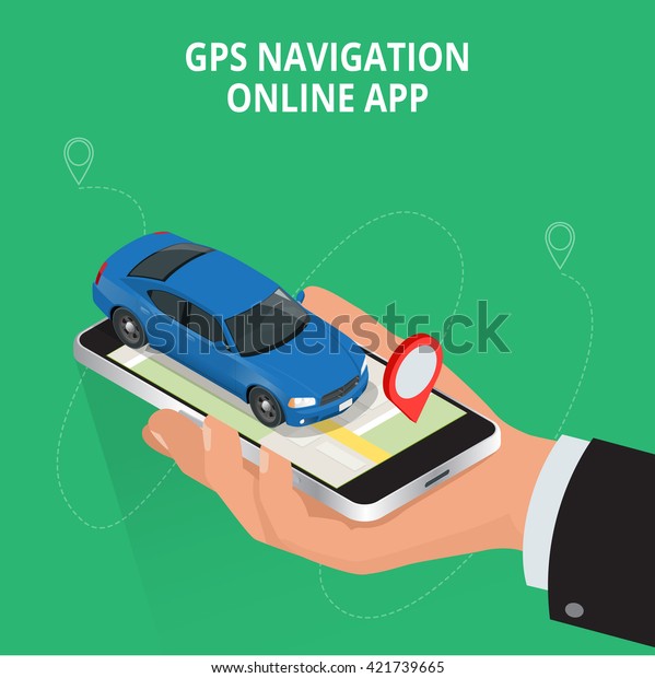 Mobile GPS navigation, travel and\
tourism concept. View a map on the mobile phone on car and search\
GPS coordinates. Flat 3d vector isometric\
illustration