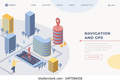 Mobile GPS software landing page template. City travel business website homepage interface idea with isometric vector illustration. Taxi delivery, navigation application web banner 3D cartoon concept