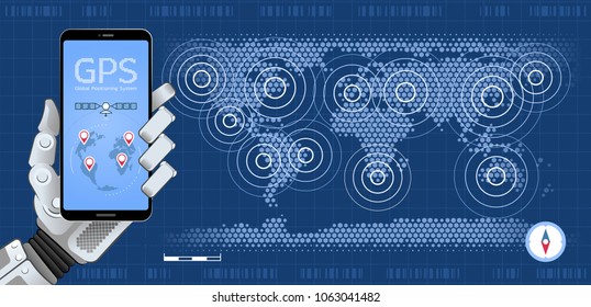 Mobile GPS Tracker. Mechanische Hand eines Roboters, der Smartphone hält, der mobile App auf dem Hintergrund der Weltkarte zeigt. Vektorillustration zum Thema "Globales Positionierungssystem".