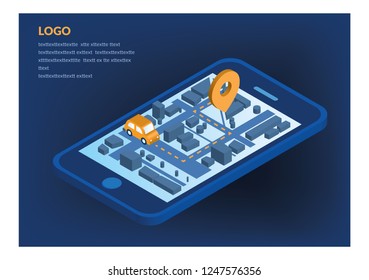 Mobile gps and tracking app concept for web page, banner, presentation, social media. Vector illustration, Location track app on touchscreen smartphone, City map navigator, isometric, 3D, 