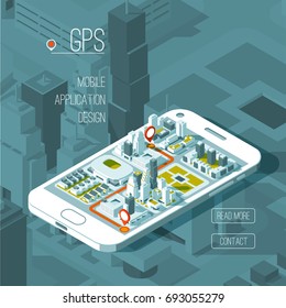 Mobile gps and tracking concept. Location track app on touchscreen smartphone, on isometric city map background. 3d vector illustration.