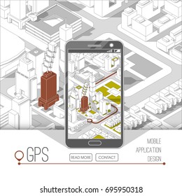 Mobile gps and tracking concept. Location track app on touchscreen smartphone, on isometric city map background. 3d vector illustration.