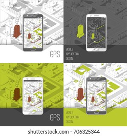 Mobile gps and tracking concept. Location track app on touchscreen smartphone, on isometric city map background. 3d vector illustration.