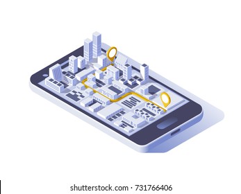 Mobile gps and tracking concept. Location track app on touchscreen smartphone, on isometric city map background. 3d vector illustration.