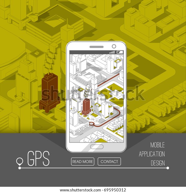 Mobile gps and tracking concept. Location\
track app on touchscreen smartphone, on isometric city map\
background. 3d vector\
illustration.