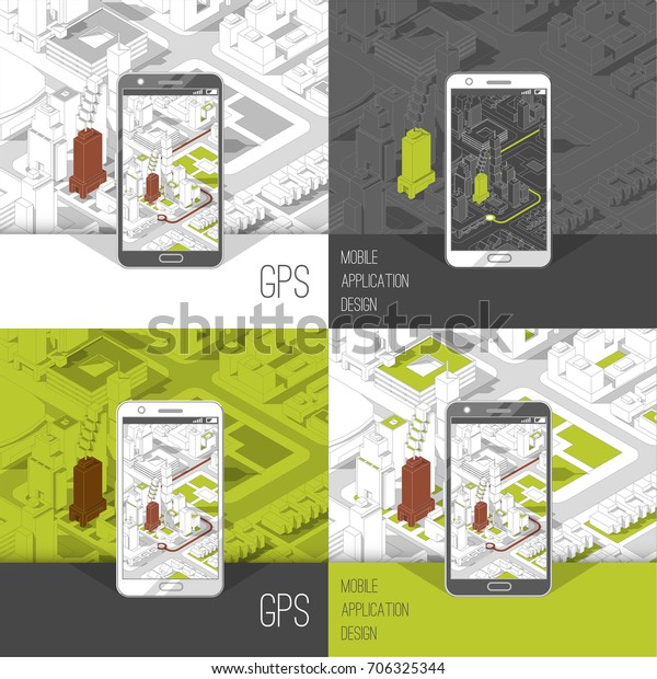 Mobile gps and tracking concept. Location\
track app on touchscreen smartphone, on isometric city map\
background. 3d vector\
illustration.