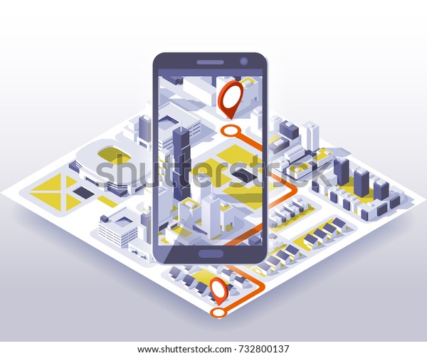 Mobile gps and tracking concept. Location
track app on touchscreen smartphone, on isometric city map
background. 3d vector
illustration.