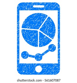 Mobile Graphs grainy textured icon for overlay watermark stamps. Flat symbol with scratched texture. Dotted vector blue ink rubber seal stamp with grunge design on a white background.