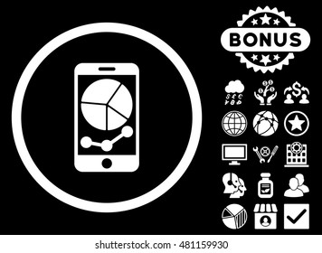 Mobile Graphs icon with bonus. Vector illustration style is flat iconic symbols, white color, black background.