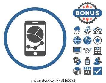 Mobile Graphs icon with bonus. Vector illustration style is flat iconic bicolor symbols, cobalt and gray colors, white background.