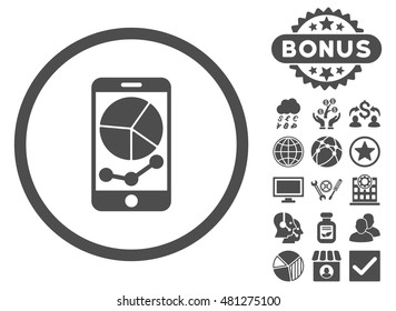 Mobile Graphs icon with bonus. Vector illustration style is flat iconic symbols, gray color, white background.