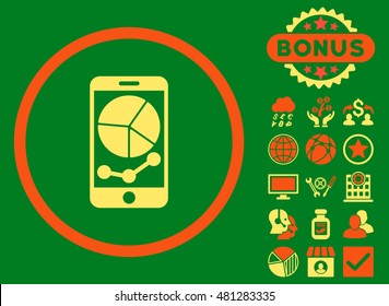 Mobile Graphs icon with bonus. Vector illustration style is flat iconic bicolor symbols, orange and yellow colors, green background.