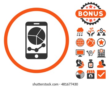 Mobile Graphs icon with bonus. Vector illustration style is flat iconic bicolor symbols, orange and gray colors, white background.