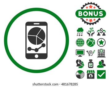 Mobile Graphs icon with bonus. Vector illustration style is flat iconic bicolor symbols, green and gray colors, white background.