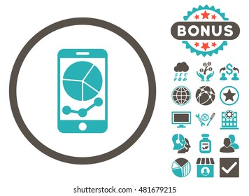 Mobile Graphs icon with bonus. Vector illustration style is flat iconic bicolor symbols, grey and cyan colors, white background.