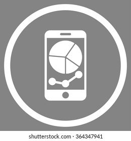 Mobile Graphs vector icon. Style is flat circled symbol, white color, rounded angles, gray background.
