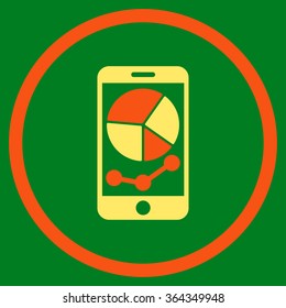 Mobile Graphs vector icon. Style is bicolor flat circled symbol, orange and yellow colors, rounded angles, green background.