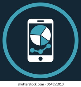 Mobile Graphs vector icon. Style is bicolor flat circled symbol, blue and white colors, rounded angles, dark blue background.