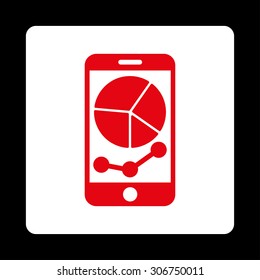 Mobile Graphs vector icon. This flat rounded square button uses red and white colors and isolated on a black background.