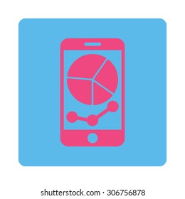 Mobile Graphs vector icon. This flat rounded square button uses pink and blue colors and isolated on a white background.