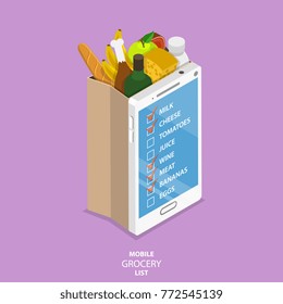 Mobile Grocery List Flat Isometric Vector Concept. Paper Grocery Bag With Front Side Looking Like Smartphone With List Of The Food To Buy.