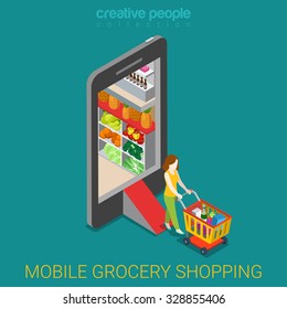 Mobile grocery shopping e-commerce online store flat 3d web isometric infographic concept vector electronic business sales. Woman with wheeled cart walks from market shop inside smartphone.