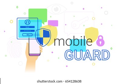 Mobile guard app on smartphone concept illustration. Human hand holds smart phone with anti hacker app for internet protection and web safety. Security applications and modern lifestyle